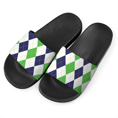 Green White And Navy Argyle Print Black Slide Sandals