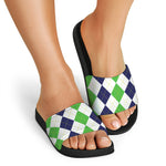 Green White And Navy Argyle Print Black Slide Sandals