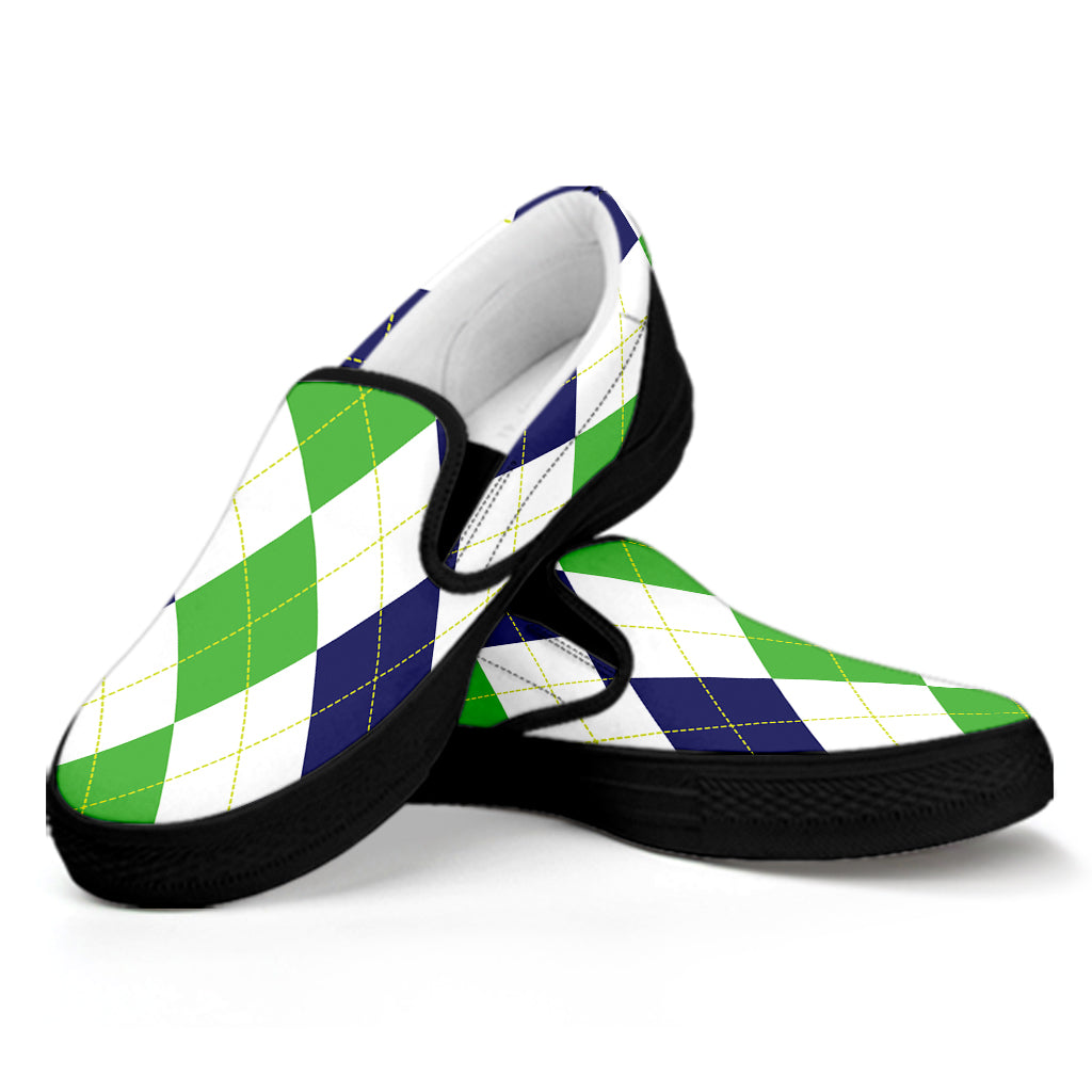 Green White And Navy Argyle Print Black Slip On Shoes