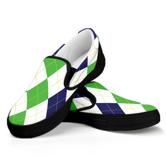 Green White And Navy Argyle Print Black Slip On Shoes