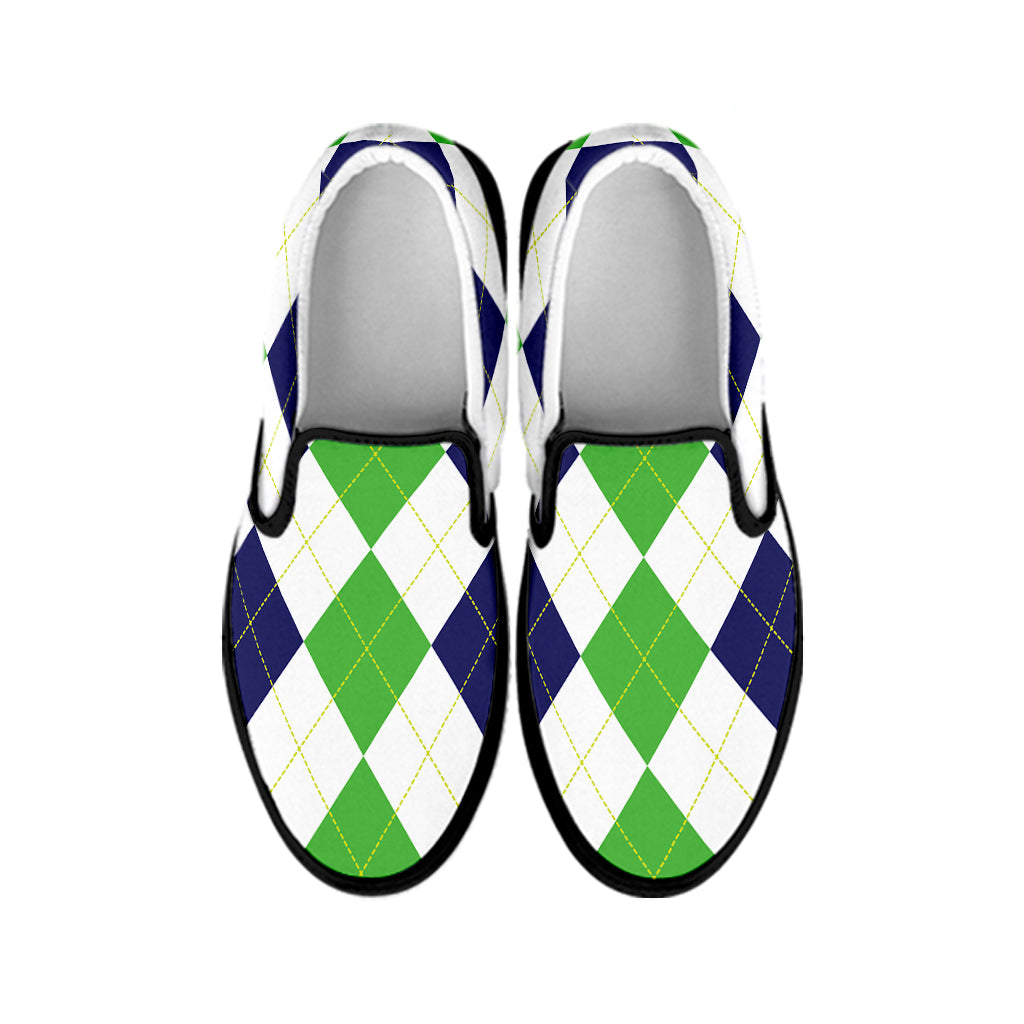Green White And Navy Argyle Print Black Slip On Shoes