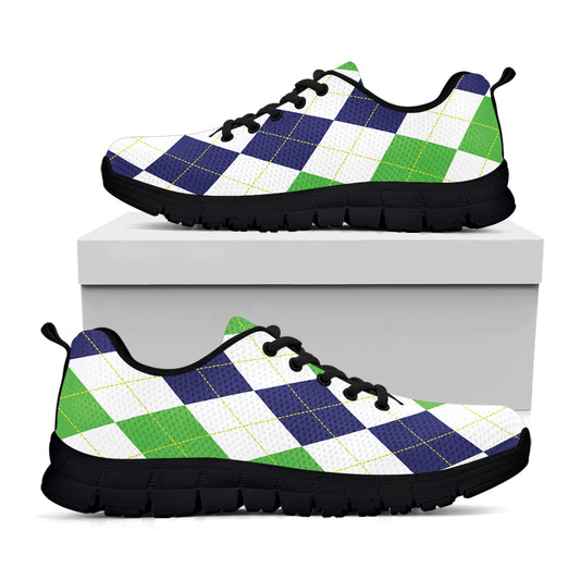 Green White And Navy Argyle Print Black Sneakers