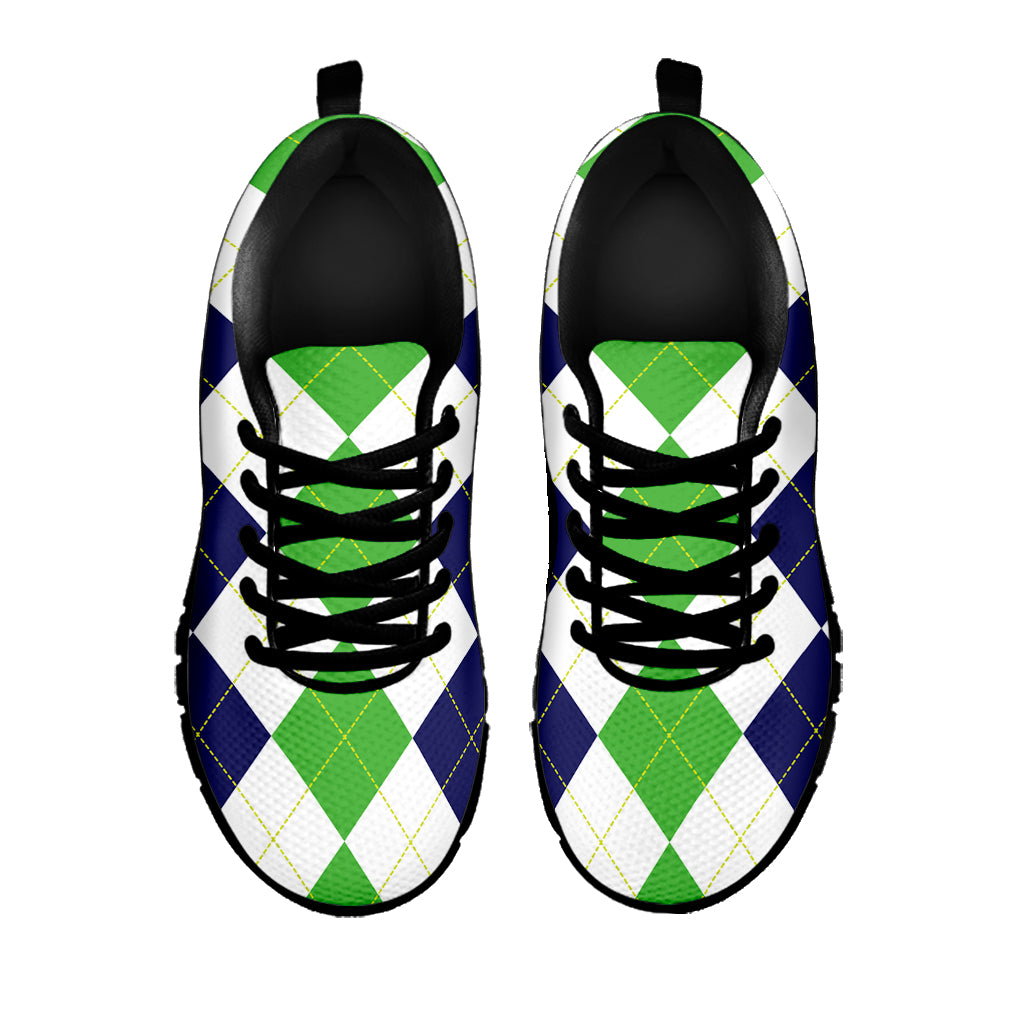 Green White And Navy Argyle Print Black Sneakers