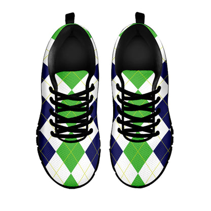 Green White And Navy Argyle Print Black Sneakers