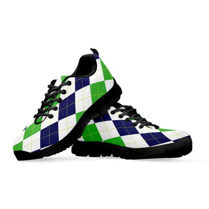 Green White And Navy Argyle Print Black Sneakers