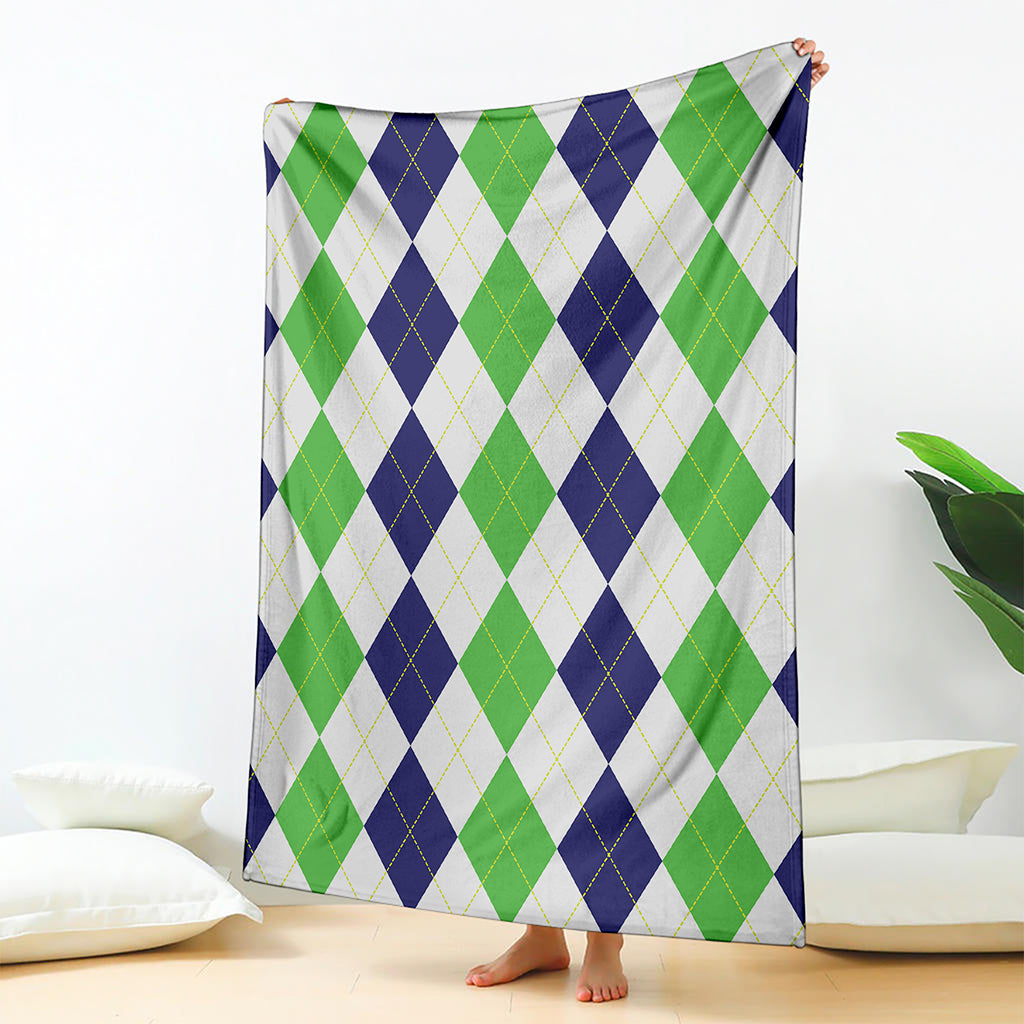 Green White And Navy Argyle Print Blanket