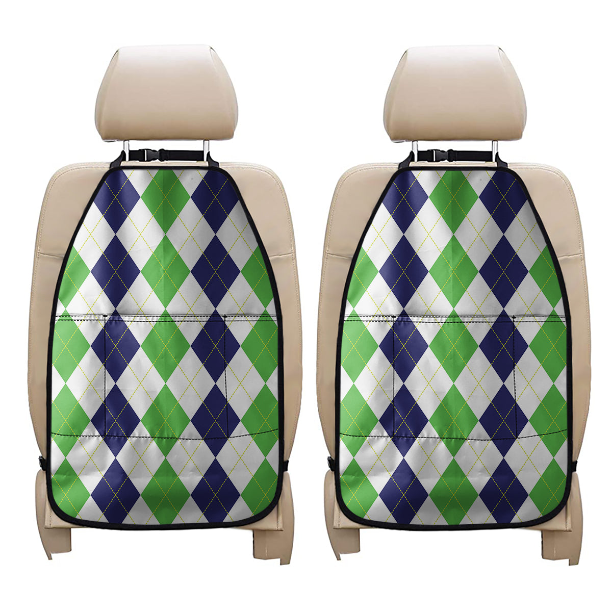 Green White And Navy Argyle Print Car Seat Organizers