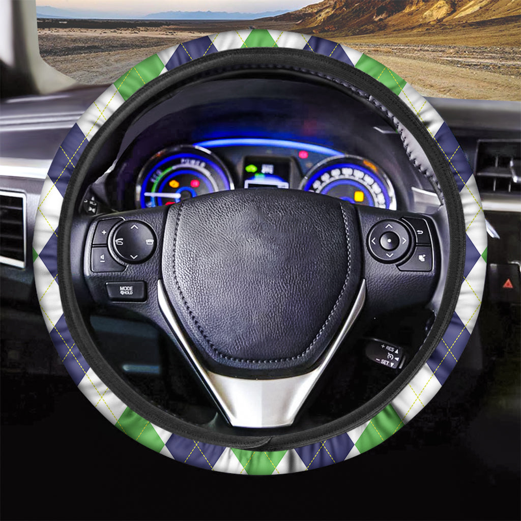 Green White And Navy Argyle Print Car Steering Wheel Cover