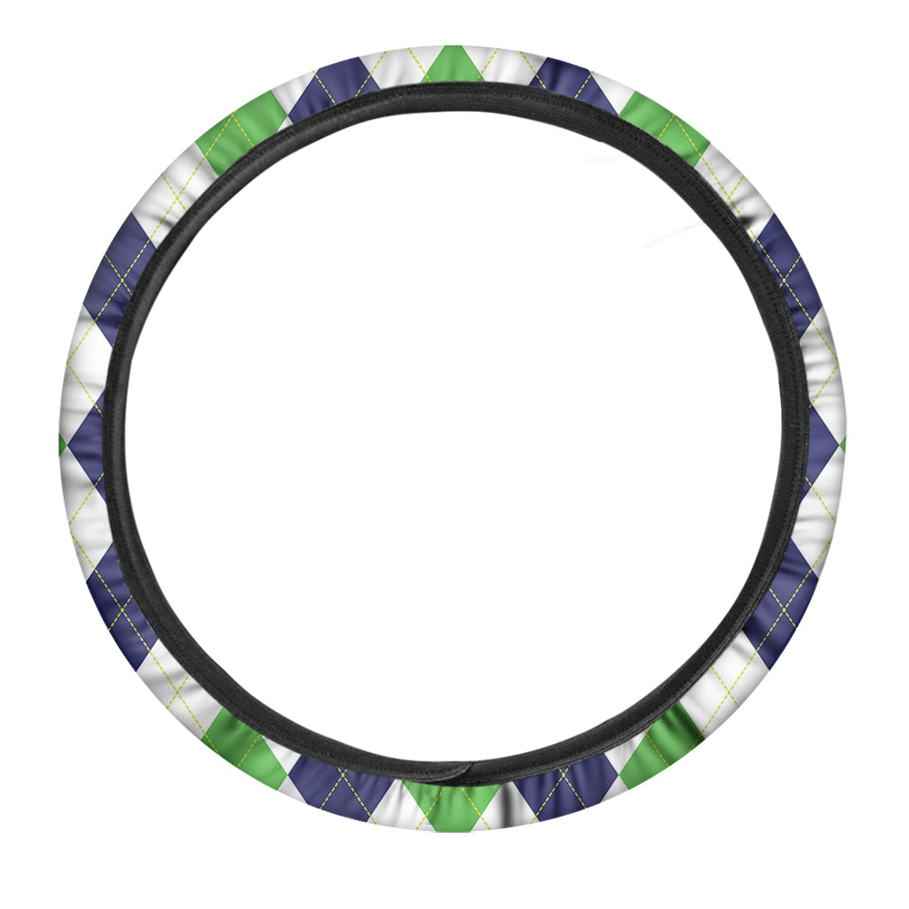 Green White And Navy Argyle Print Car Steering Wheel Cover