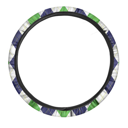 Green White And Navy Argyle Print Car Steering Wheel Cover