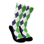 Green White And Navy Argyle Print Crew Socks