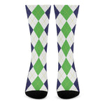 Green White And Navy Argyle Print Crew Socks