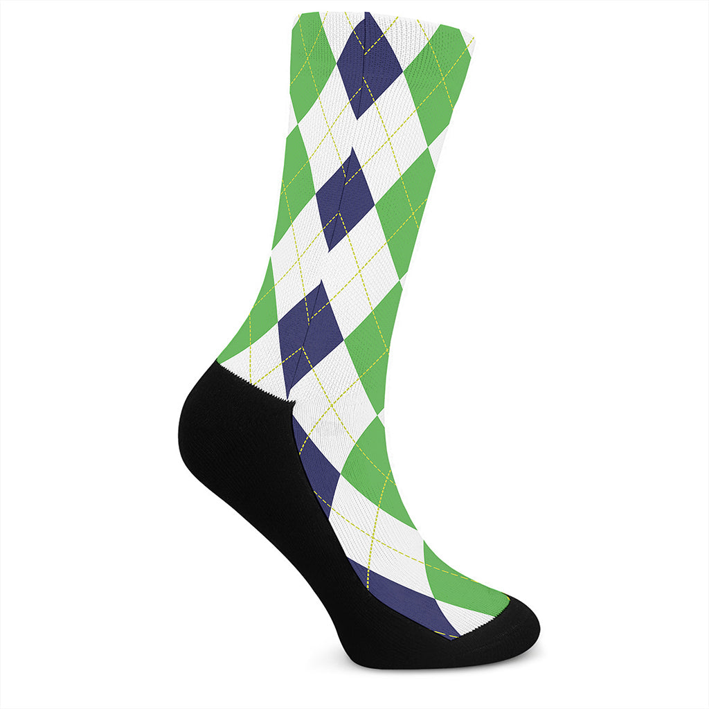 Green White And Navy Argyle Print Crew Socks