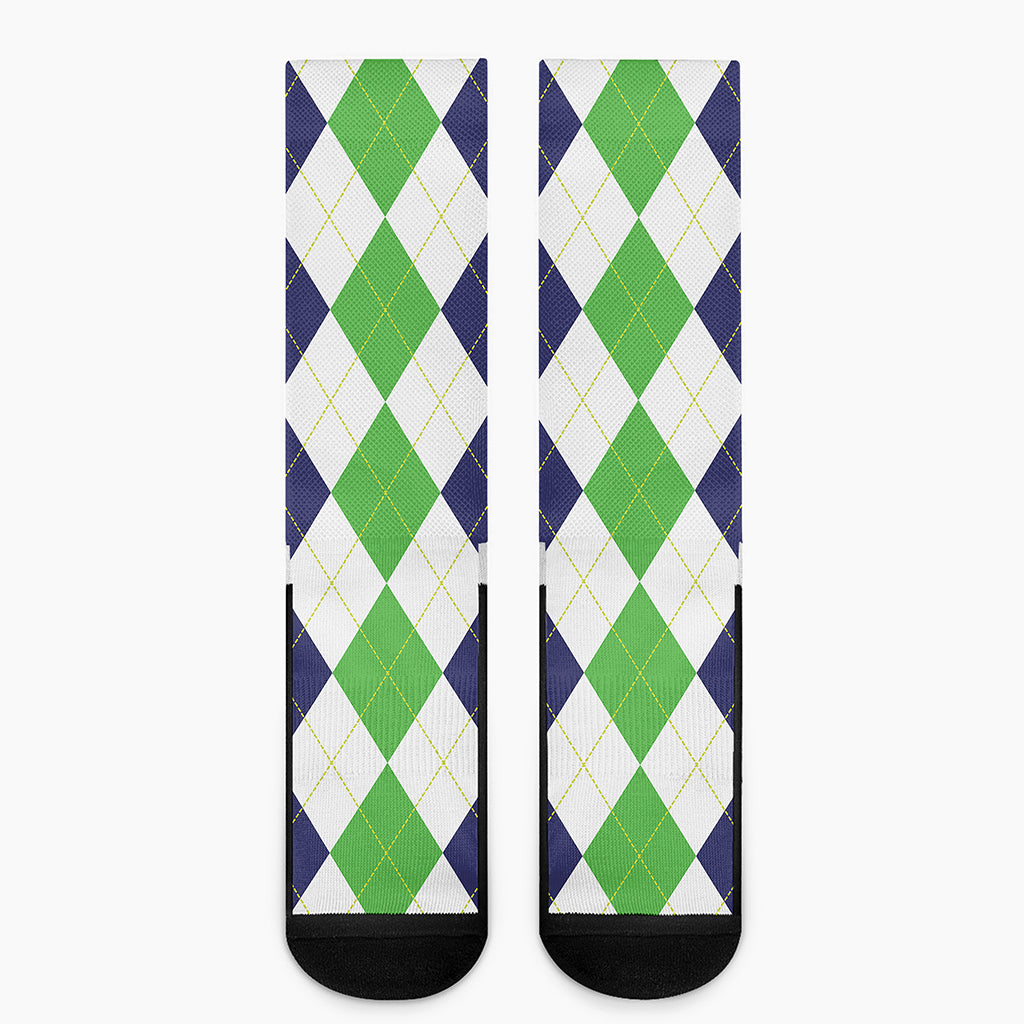 Green White And Navy Argyle Print Crew Socks