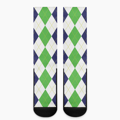 Green White And Navy Argyle Print Crew Socks
