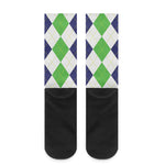 Green White And Navy Argyle Print Crew Socks