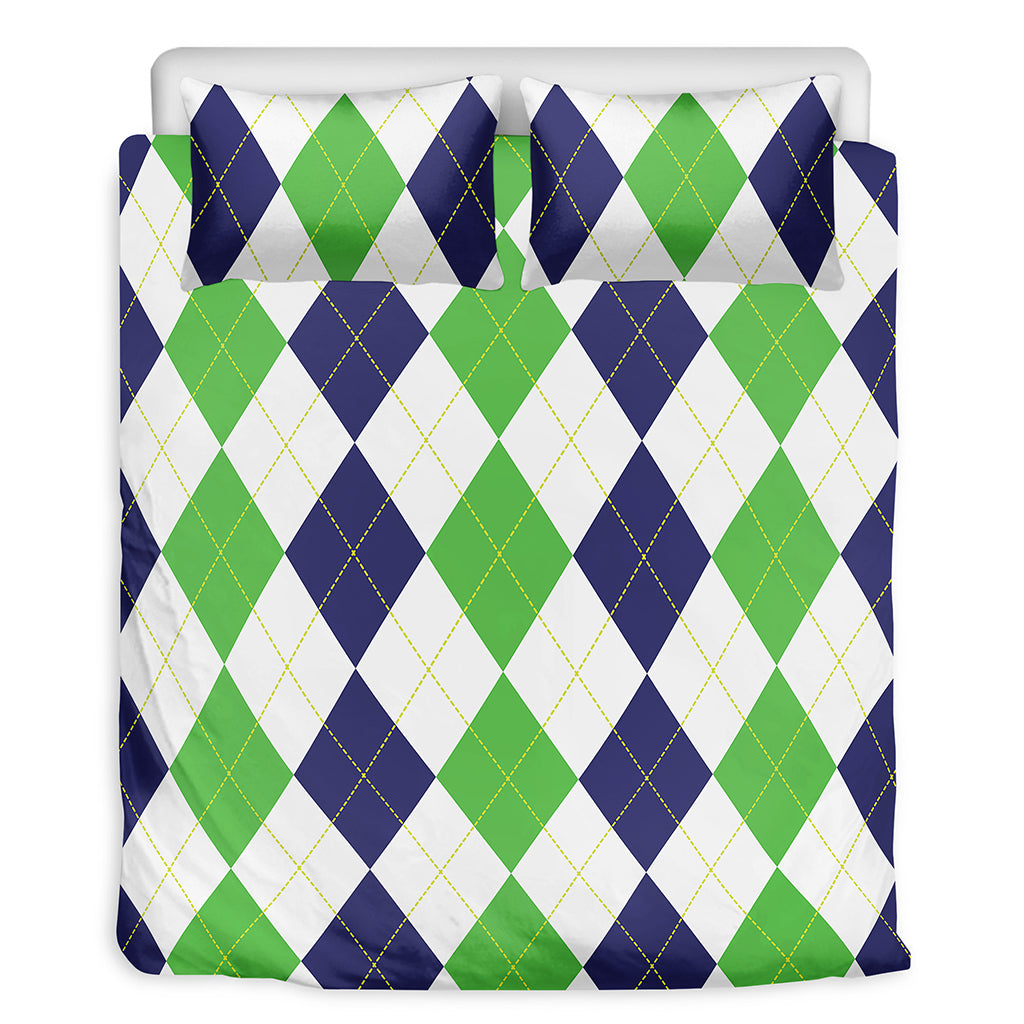 Green White And Navy Argyle Print Duvet Cover Bedding Set
