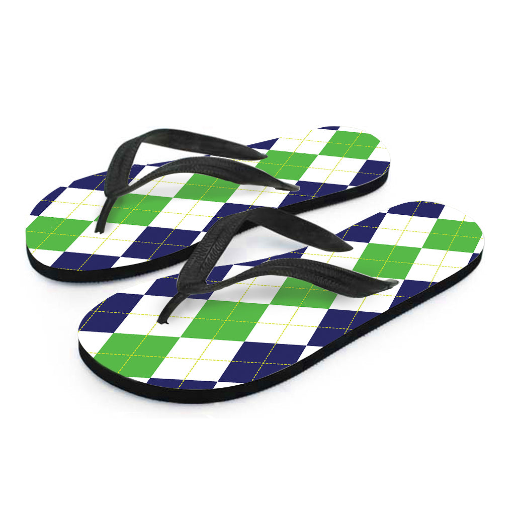 Green White And Navy Argyle Print Flip Flops