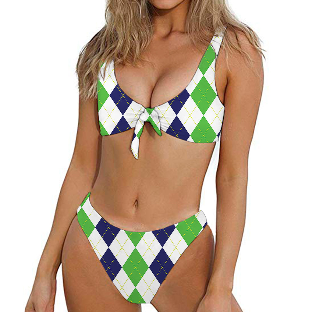 Green White And Navy Argyle Print Front Bow Tie Bikini