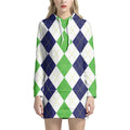 Green White And Navy Argyle Print Pullover Hoodie Dress