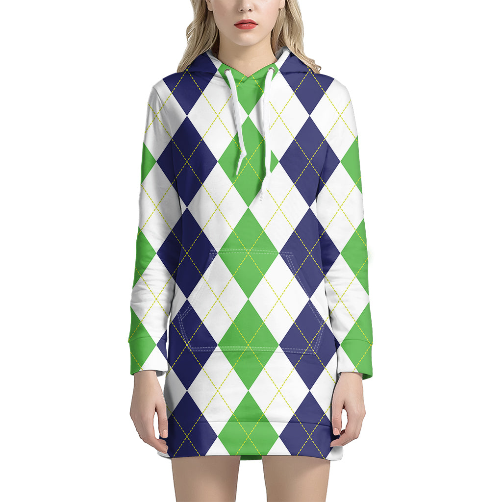 Green White And Navy Argyle Print Hoodie Dress