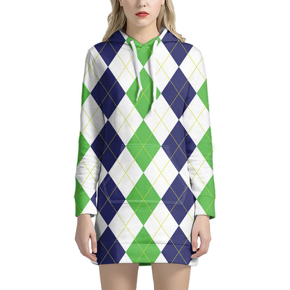Green White And Navy Argyle Print Hoodie Dress