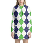 Green White And Navy Argyle Print Hoodie Dress