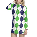 Green White And Navy Argyle Print Hoodie Dress