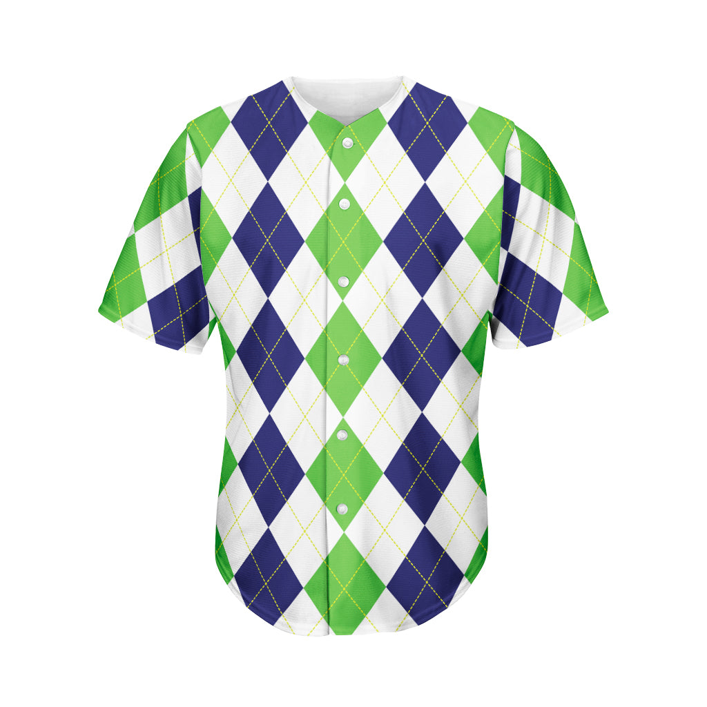 Green White And Navy Argyle Print Men's Baseball Jersey