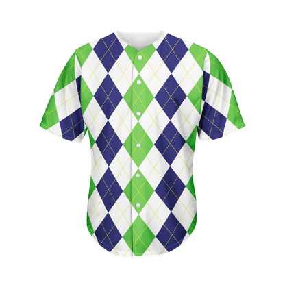 Green White And Navy Argyle Print Men's Baseball Jersey