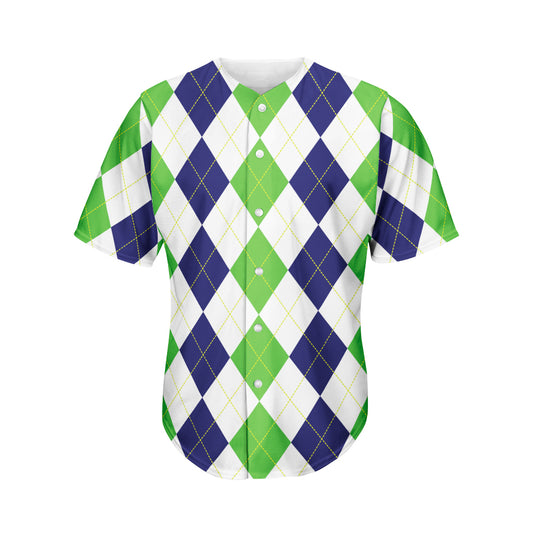 Green White And Navy Argyle Print Men's Baseball Jersey