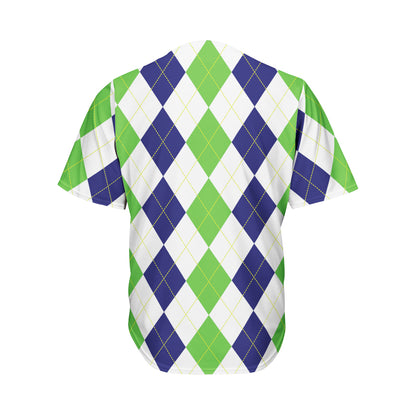 Green White And Navy Argyle Print Men's Baseball Jersey