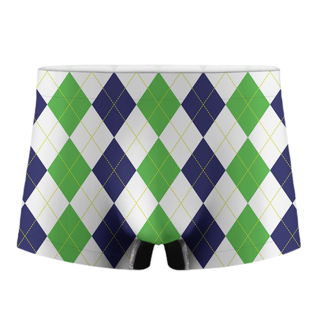 Green White And Navy Argyle Print Men's Boxer Briefs