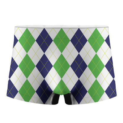 Green White And Navy Argyle Print Men's Boxer Briefs