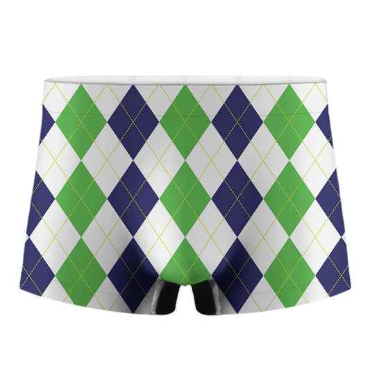 Green White And Navy Argyle Print Men's Boxer Briefs