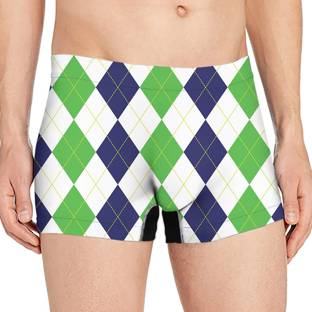Green White And Navy Argyle Print Men's Boxer Briefs