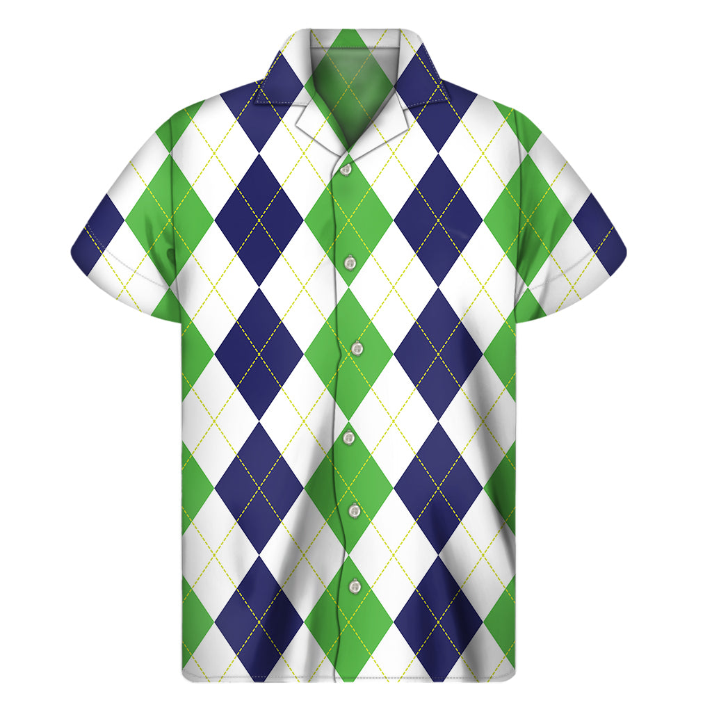 Green White And Navy Argyle Print Men's Short Sleeve Shirt