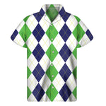 Green White And Navy Argyle Print Men's Short Sleeve Shirt