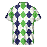 Green White And Navy Argyle Print Men's Short Sleeve Shirt