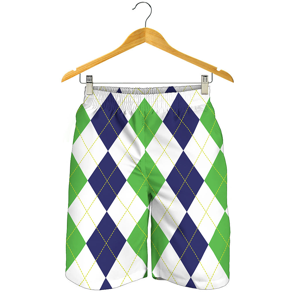 Green White And Navy Argyle Print Men's Shorts