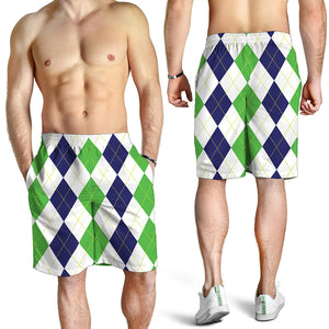 Green White And Navy Argyle Print Men's Shorts