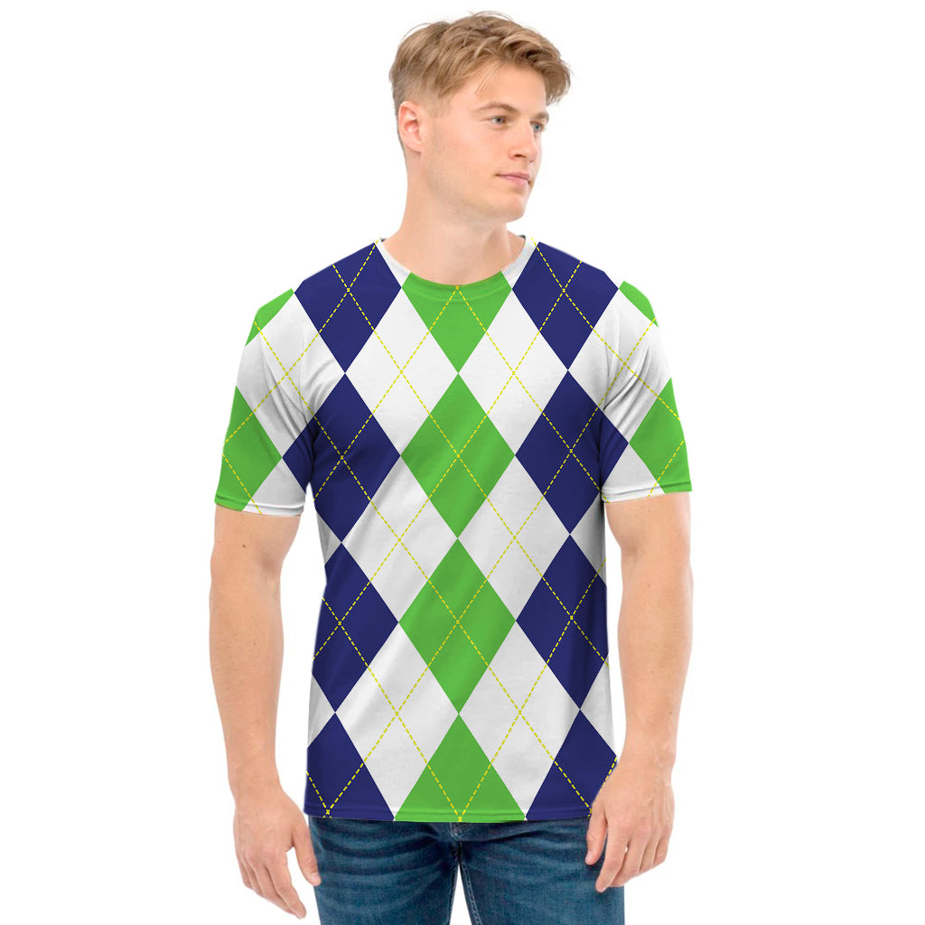 Green White And Navy Argyle Print Men's T-Shirt