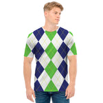 Green White And Navy Argyle Print Men's T-Shirt