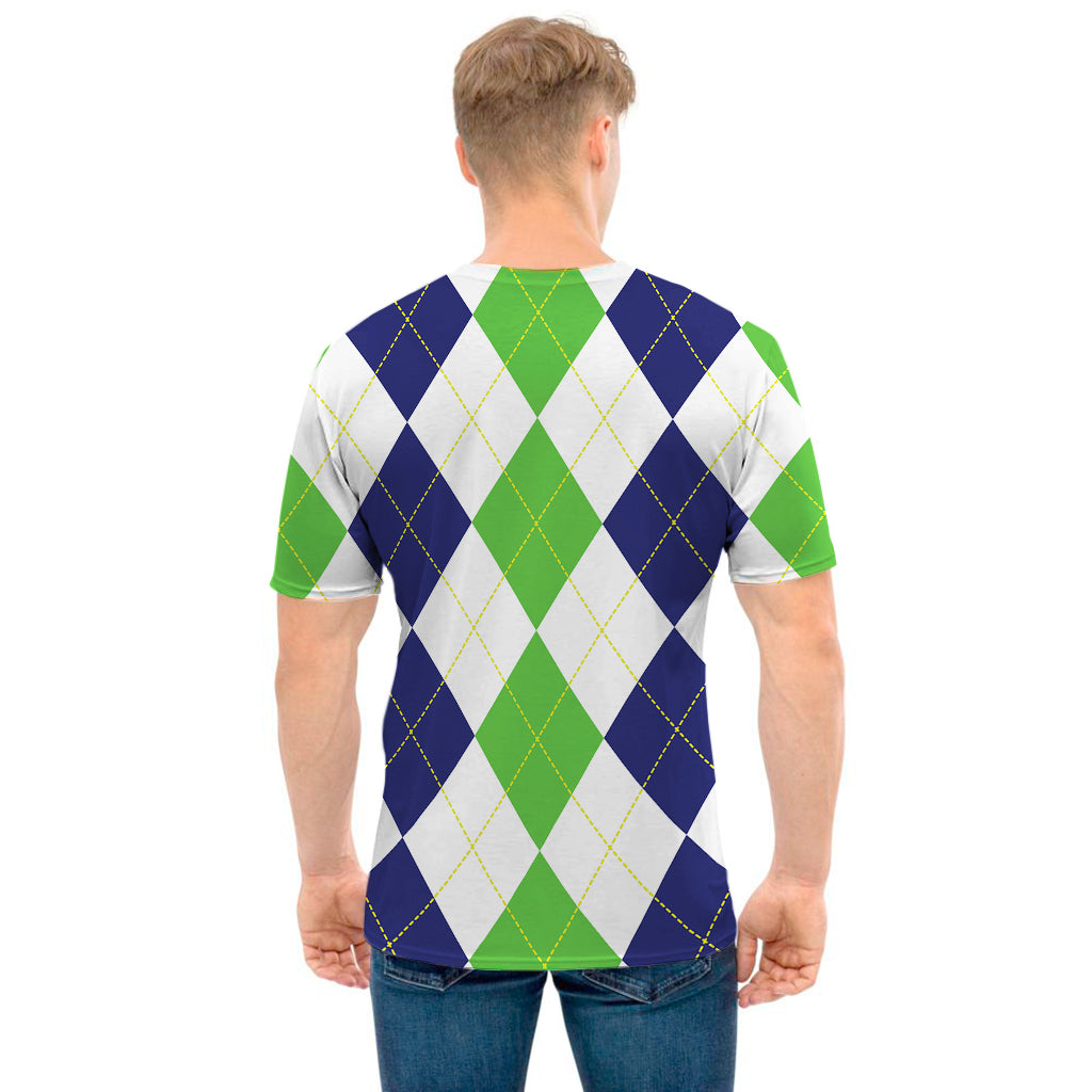 Green White And Navy Argyle Print Men's T-Shirt