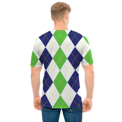 Green White And Navy Argyle Print Men's T-Shirt