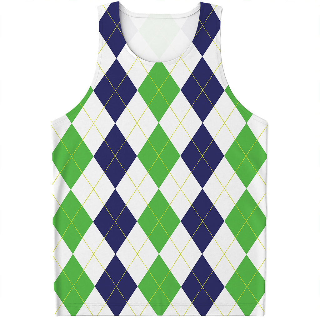 Green White And Navy Argyle Print Men's Tank Top