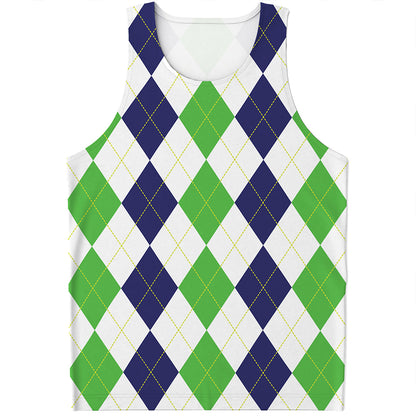 Green White And Navy Argyle Print Men's Tank Top