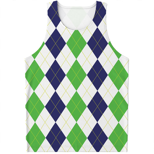 Green White And Navy Argyle Print Men's Tank Top