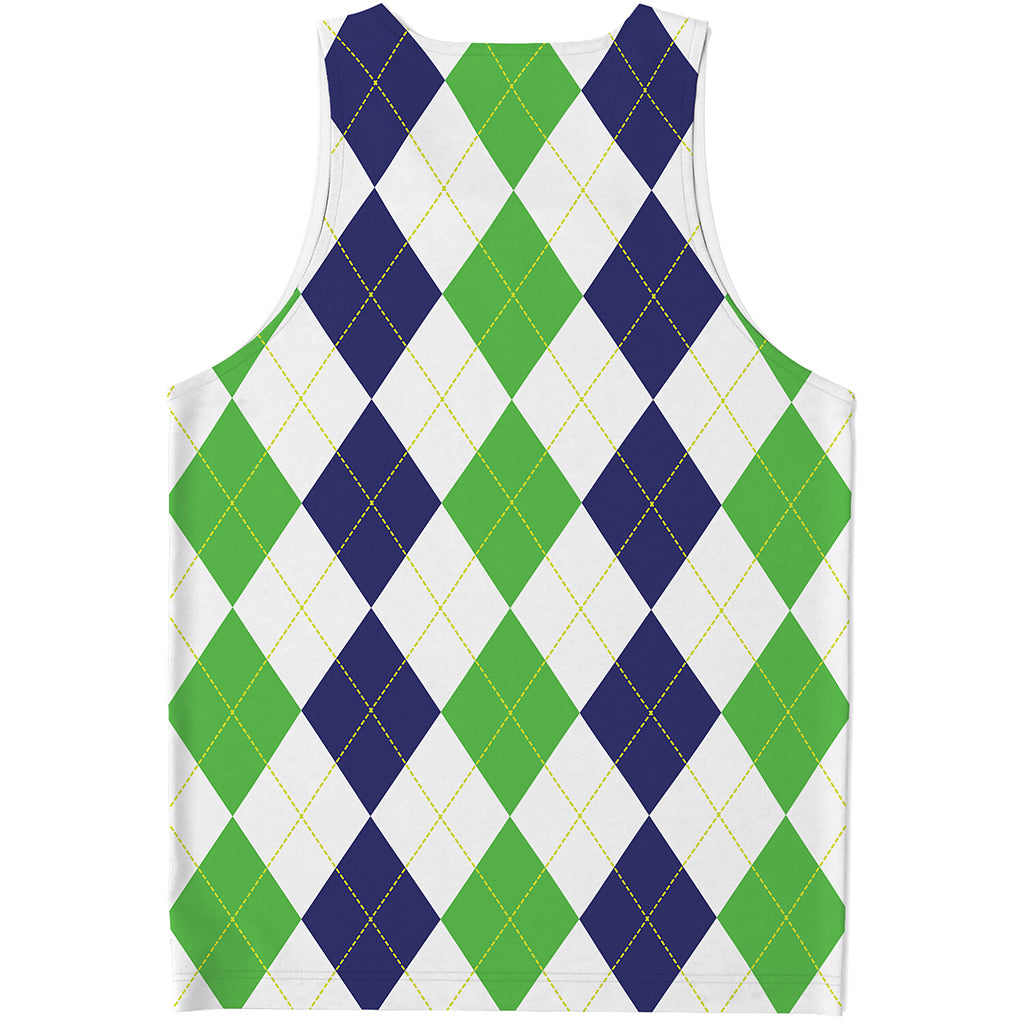 Green White And Navy Argyle Print Men's Tank Top