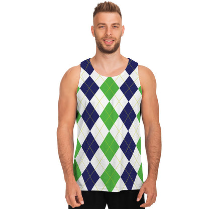 Green White And Navy Argyle Print Men's Tank Top